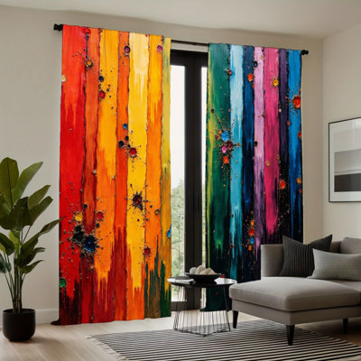 2Pcs Abstract Rainbow Striped Curtains, Paint Splatter Pattern, Rod Pocket Sun Blocking, Modern Art Style, All-Season For Living Room Bedroom Study Window Decor