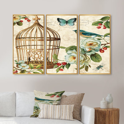 Oiseau de chalet bleu, cage à oiseaux et fleurs de pommier I