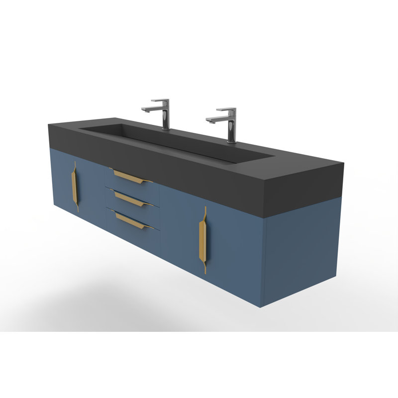 Nile 72" Wall-Mounted Single Bathroom Vanity Set, Black, Gold, Blue