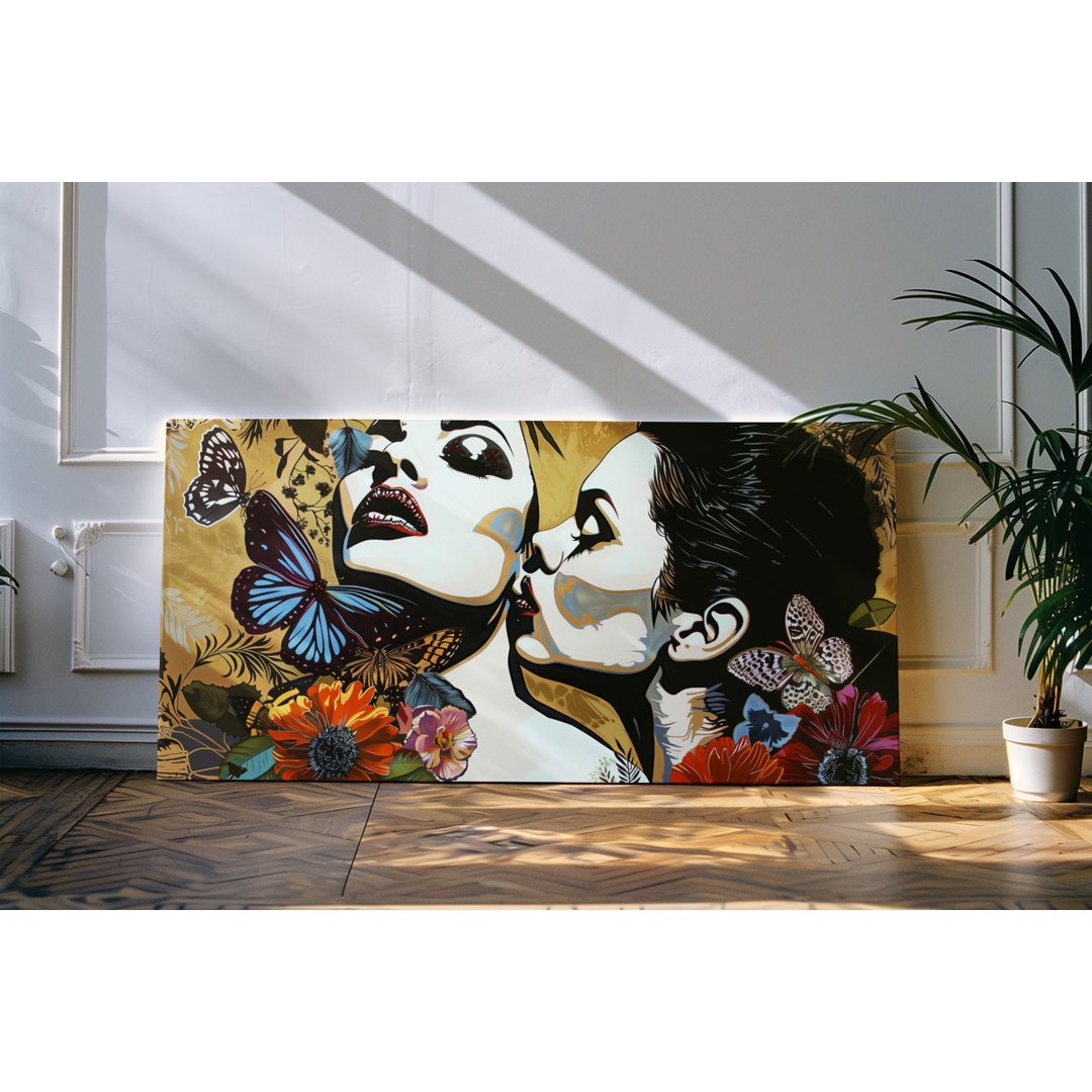 Wandbild 120x60cm Porträt von zwei jungen Frauen Schmetterlinge Kunstvoll Kuss