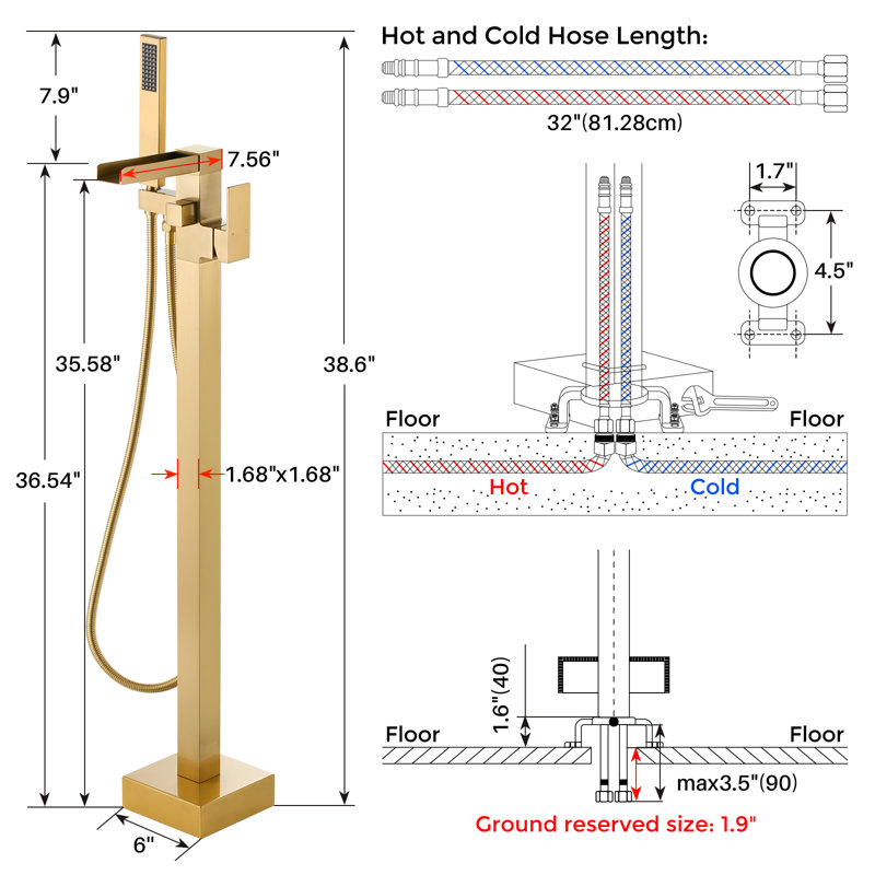 Single Handle Floor Mounted Clawfoot Tub Faucet with Handled Shower, Or brossé