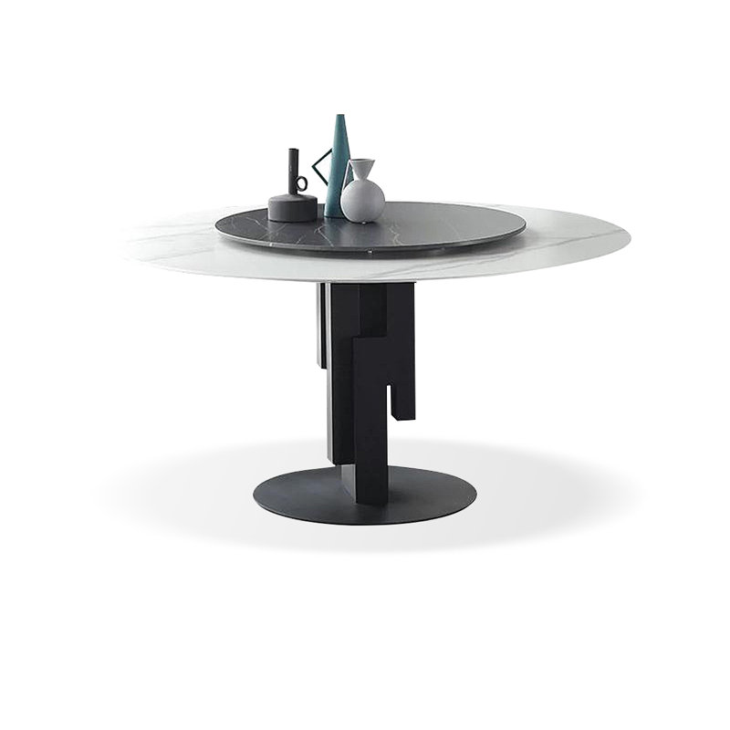 Table de salle à manger blanche et noire avec pierres rondes et feuilles en acier, H 29,53 po x L 47,24 po x l 47,24 po