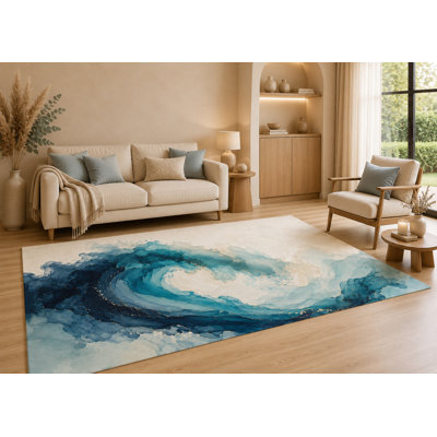 "Ultra Lightweight" 5'x7' Abstract Ocean Wave Area Rug with Non-Slip Silicone Backing Low Pile Soft Carpet for Living Room Bedroom Office Blue Coastal Seascape Decor
