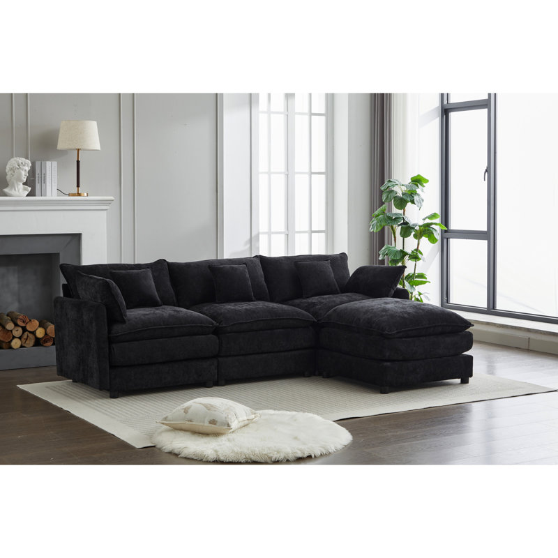 Chenille noire pour le salon - 3 en forme de L moderne et confortable en chenille