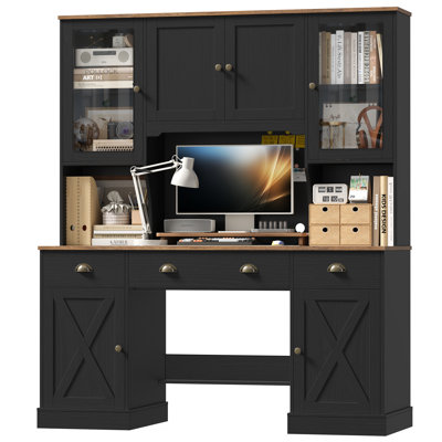 63 Inch Computer Desk With Hutch - Farmhouse Style Office Desk With Storage Drawers & Shelves, Sturdy Writing Table For Home