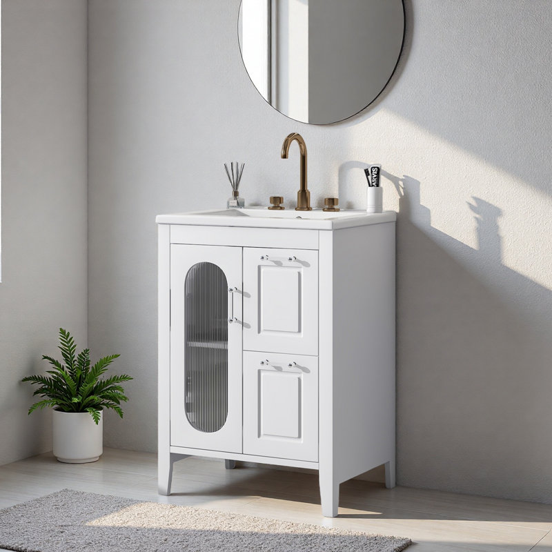 Meuble-lavabo 24 po avec lavabo, meuble-lavabo avec deux tiroirs et porte, tablette réglable, bois massif et panneau de fibres à densité moyenne
