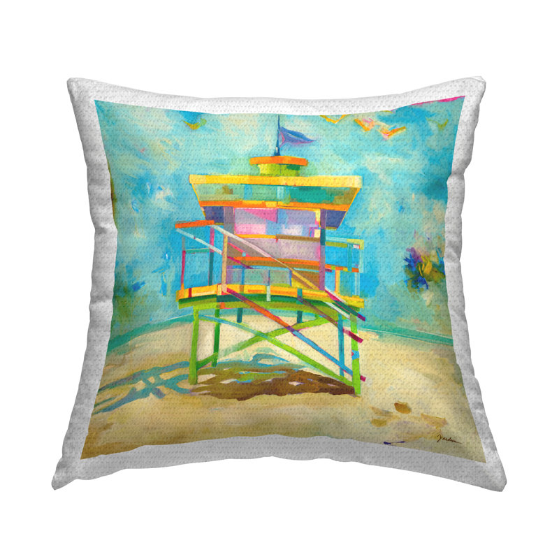 Coussin d'extérieur imprimé Modern Lifeguard Hut par Liz Jardine