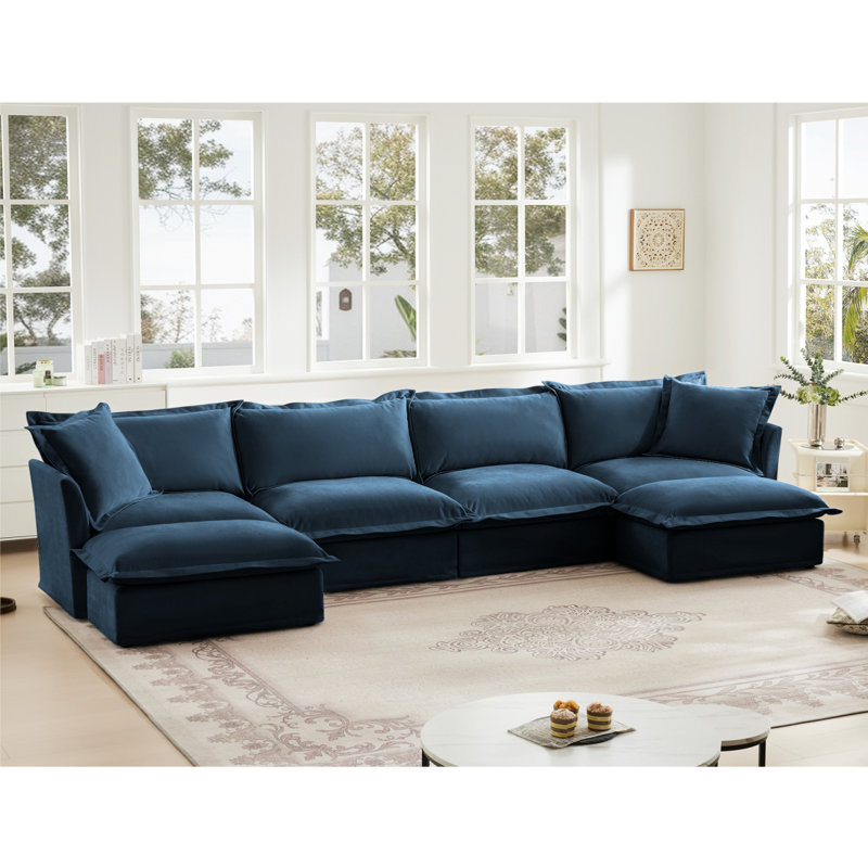 Canapé, repose-pieds en chenille, 4, H 34,6 po x l 156,6 po x P 33 po, Chenille bleu