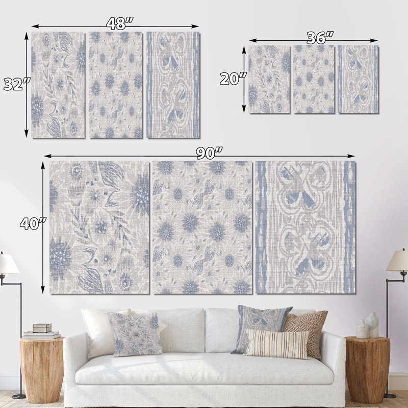 Ensemble de 3 pièces d'art vintage à motif de fleurs de campagne bleues, H 20 po x l 36 po x P 1 po
