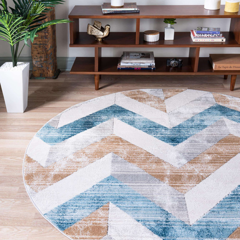 Tapis à chevrons beige / bleu, Rond 6 pi 1 po