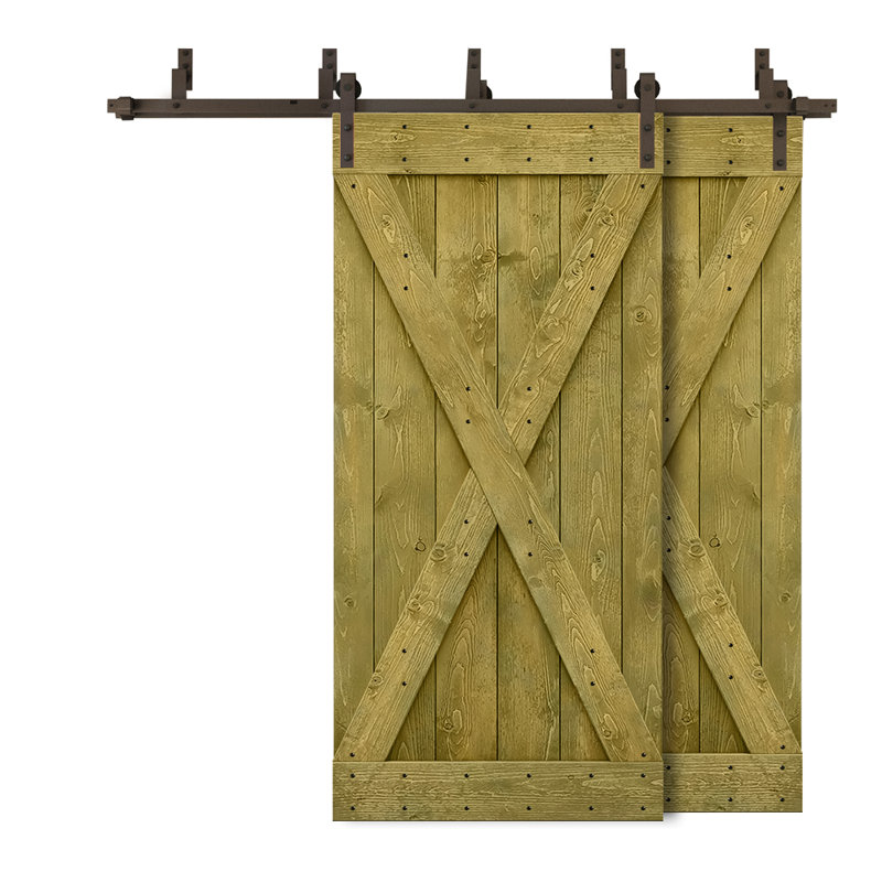 Porte de grange double à panneaux en bois teinté à panneau avec ensemble de quincaillerie coulissante, Vert jungle
