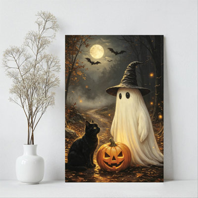 Halloween Ghost with Witch Hat & Cat beside Pumpkin in Night Scene Canvas Wall Art - Gallery Wrap Canvas with Solid Wood Inner Frame, Ready to Hang