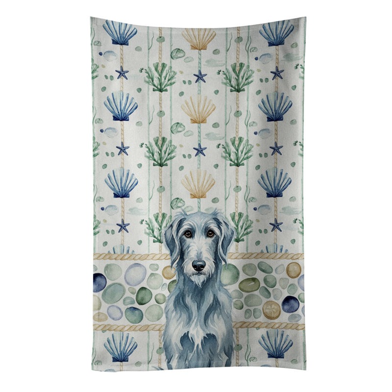Blue-Gray Scottish Deerhound Coastal Sea Glass Kitchen Towel, Blue-Gray Scottish Deerhound