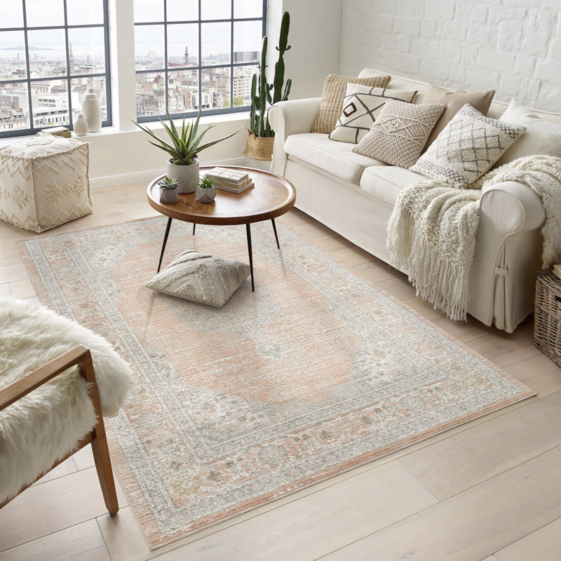 Washable Living Room Traditional Orchid Floral Area Rug – Soft Polypropylene Weaving, Low Pile, Non Slip Cotton Backing for Elegant Indoor Spaces, Coral