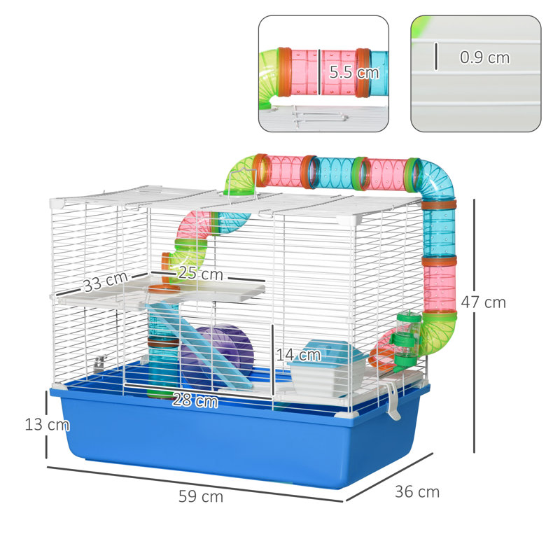 Hamster Cage with Tubes Exercise Wheel Water Bottle Food Dish - Blue