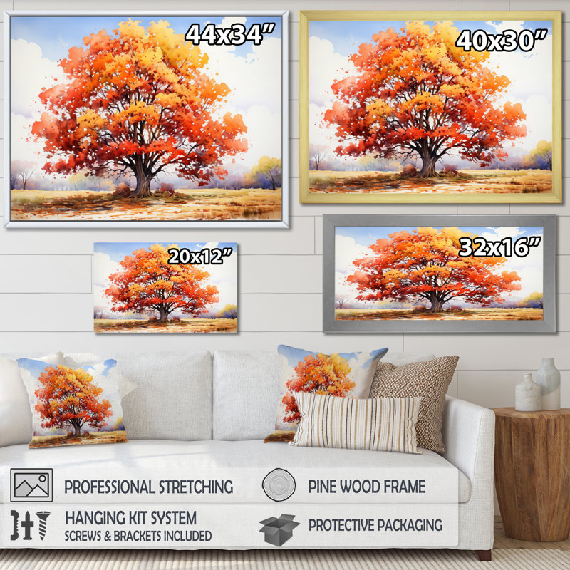 «Red Oak Tree Golden Canopy II», reproduction sur toile, Cadre simple noir, H 34 po x l 44 po x P 1,5 po