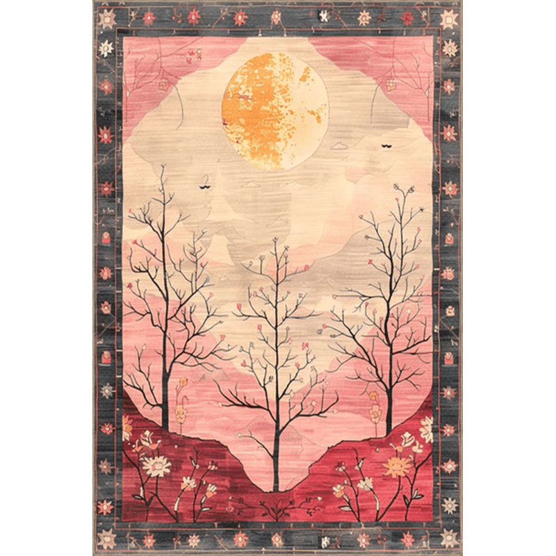 Paris Collection Pink Toned Autumn Trees and Moon Pattern Modern Decorative Machine Washable Rug