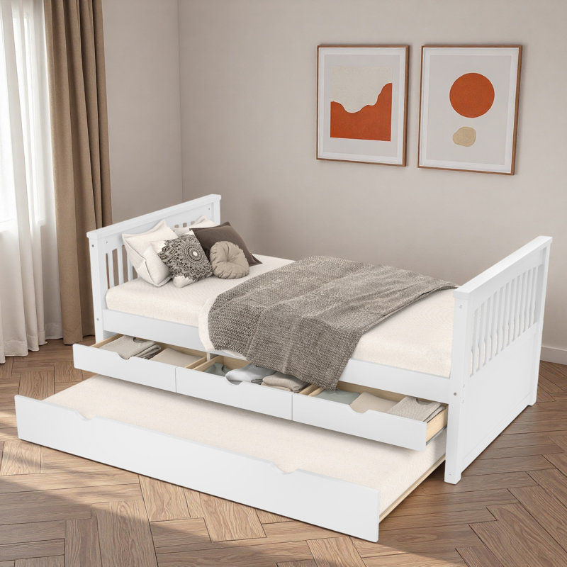 Platform Bed With 3 Drawers And Trundle, White