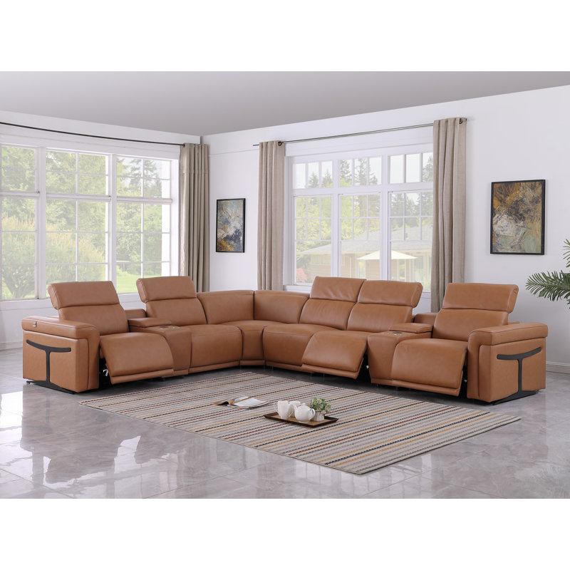 Suhur 8 - Piece Top Grain Italian Leather Power Reclining Sectional, Cognac Genuine Leather