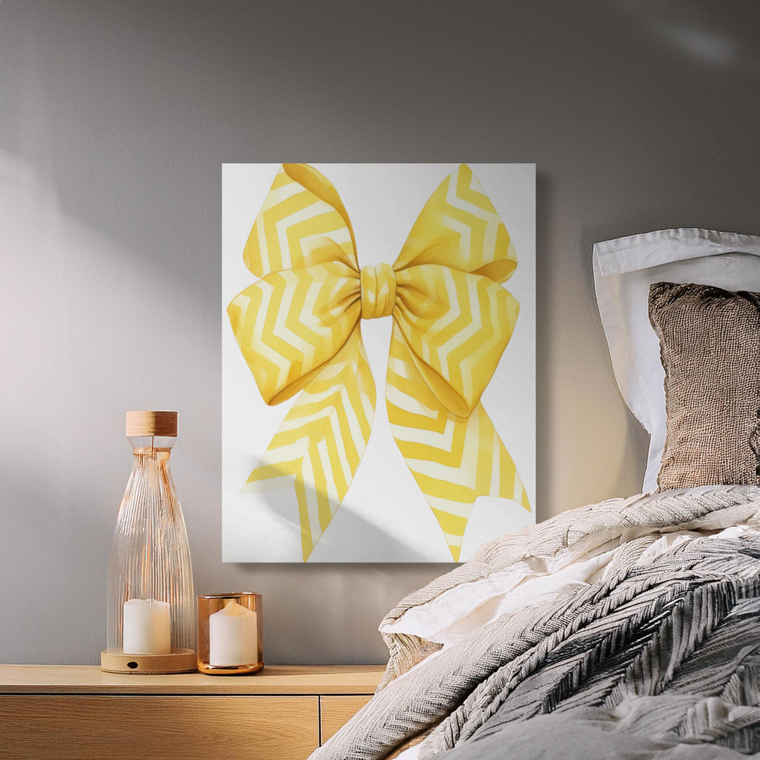 Preppy Yellow Chevron Bow Canvas Wall Art, Cheerful Ribbon Decor for Girls Room, Nursery, Teen Bedroom, Cute Aesthetic Gift for Her