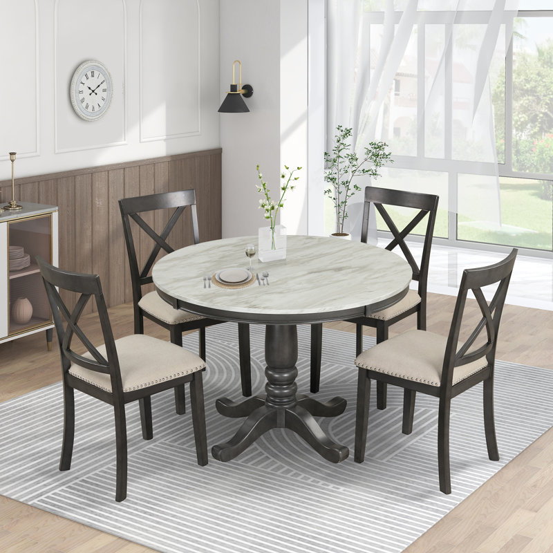 Orisfur. Ensemble 5 pièces de table et chaises pour 4 personnes, Blanc antique