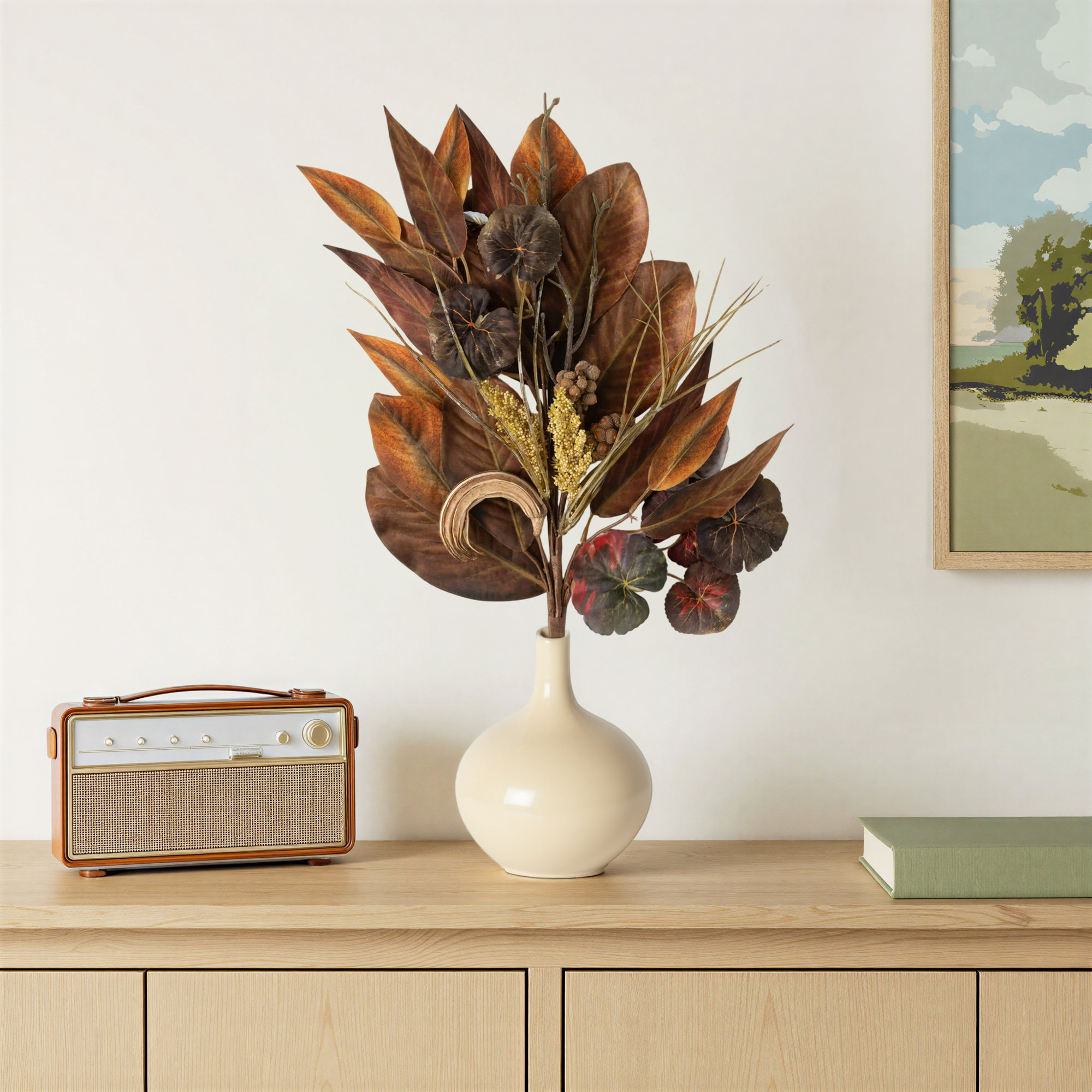 32" Artificial Fall Magnolia Leaf Mixed Spray, Brown
