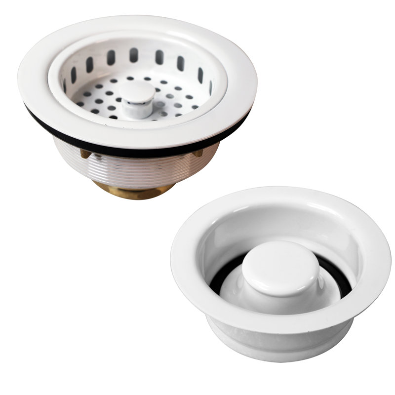 Post Style Kitchen Sink Basket Strainer with Waste Disposal Flange and Stopper Set, Powder Coat White