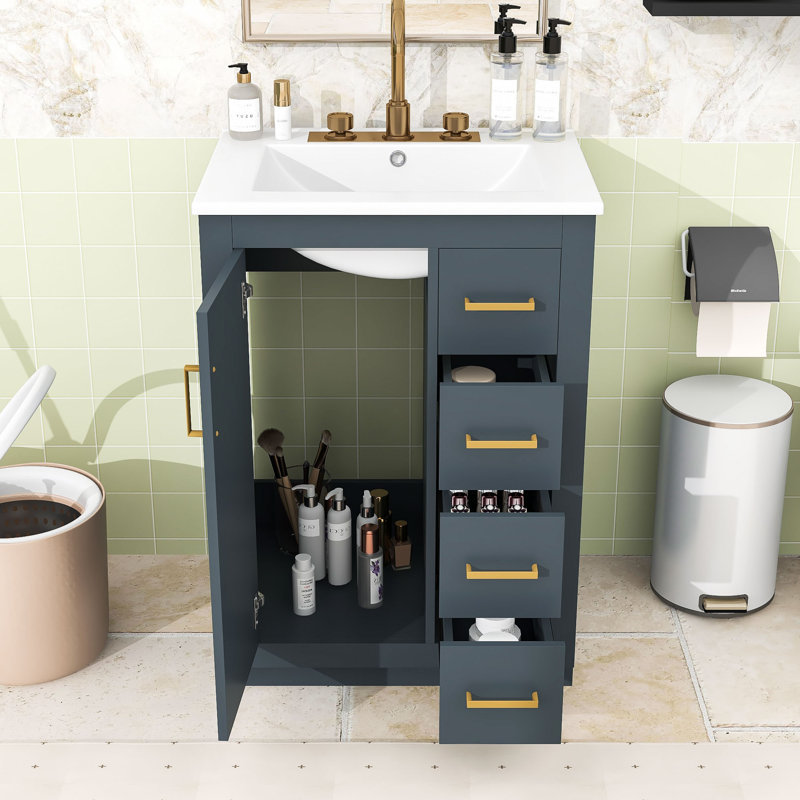 Meuble-lavabo avec lavabo en céramique, 3 tiroirs et 1 porte, Bleu