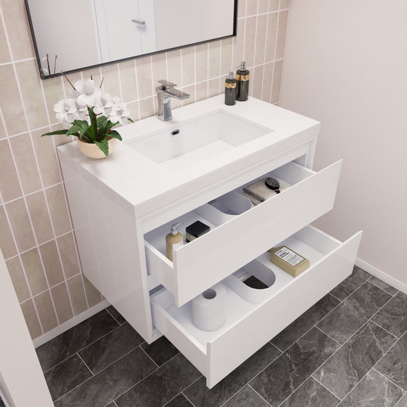 Ensemble de meuble-lavabo simple mural 36 po Wittig, Blanc très luisant