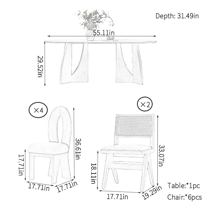Household solid wood dining table sets, 29.52"H x 55.11"L x 31.49"W