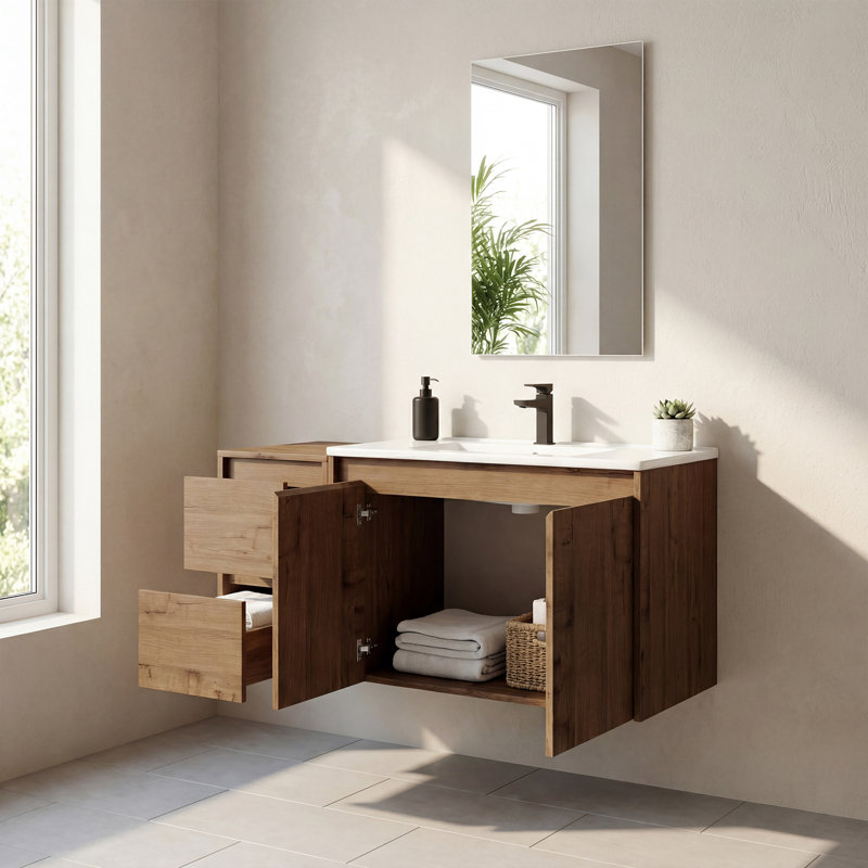 Meuble-lavabo autoportant de 36 po avec armoire latérale, tiroirs à fermeture en douceur, tablettes réglables et grand espace de rangement