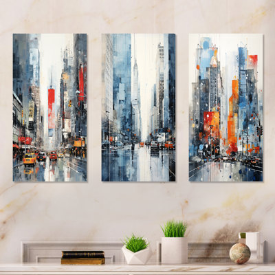 Minimalist Blue And Orange New York Shyscrapers I - Skyscrapers Metal Wall Art Prints Set Of 3