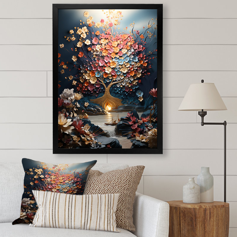 Arbre multicolore dans des tons bleus II - arbre, art mural, H 20 po x l 12 po x P 1 po, Cadre simple noir