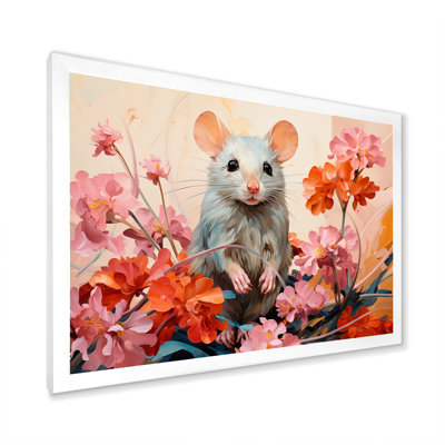Pink Curious Rat Blooms II - Mouse Animal Wall Art