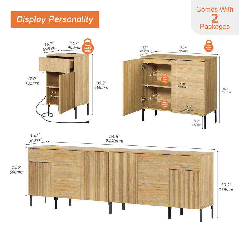Meuble télé Aadham de 94,5 po de style commode moderne pour téléviseur de 100 po ou moins, meuble audio-vidéo avec station de charge et console de télévision en bois avec rangement