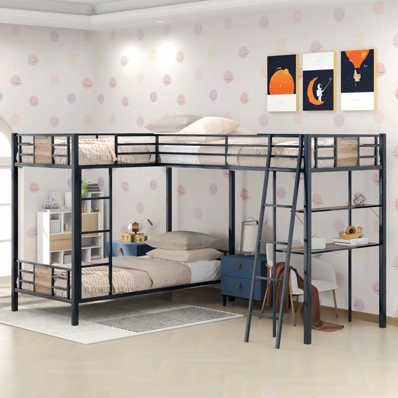 L-Shaped Twin Over Twin Bunk Bed With Twin Size Loft Bed With Desk And Shelf