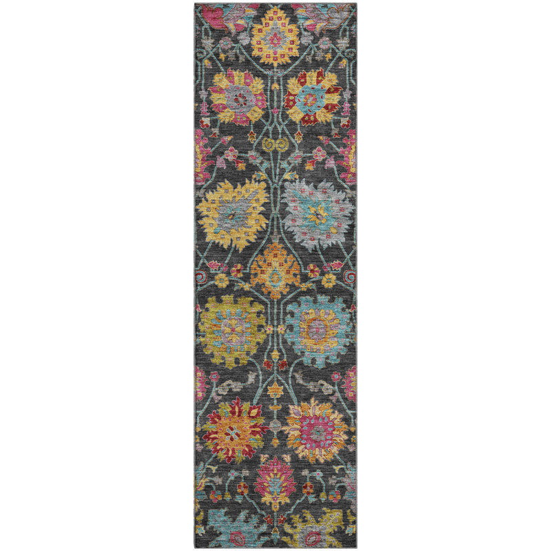 Premium Machine Washable Mayfield AMF2288 Damask Rug, 2'3" x 7'6" Runner, Black
