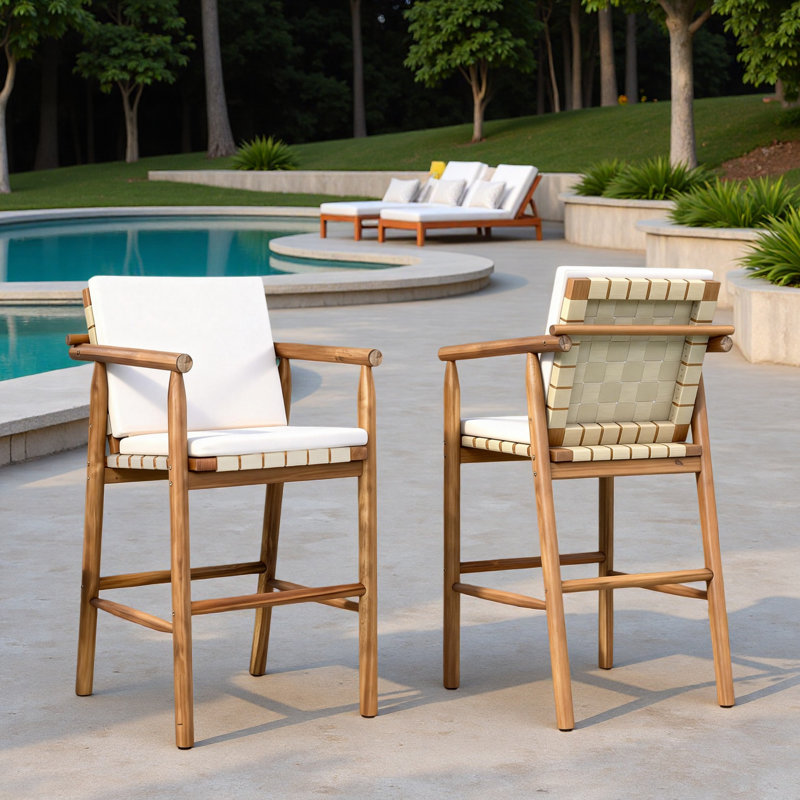 Set Of 2 Outdoor Bar Stools Chair With Backrest Arm And Webbing Seat
