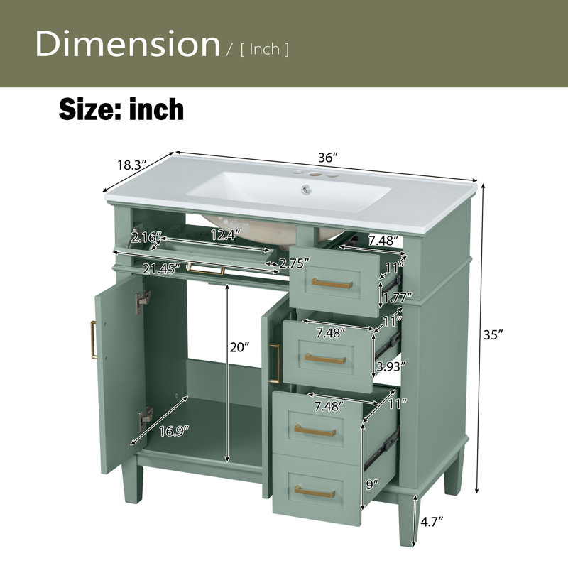 Meuble-lavabo moderne 36 "avec lavabo en céramique, Vert
