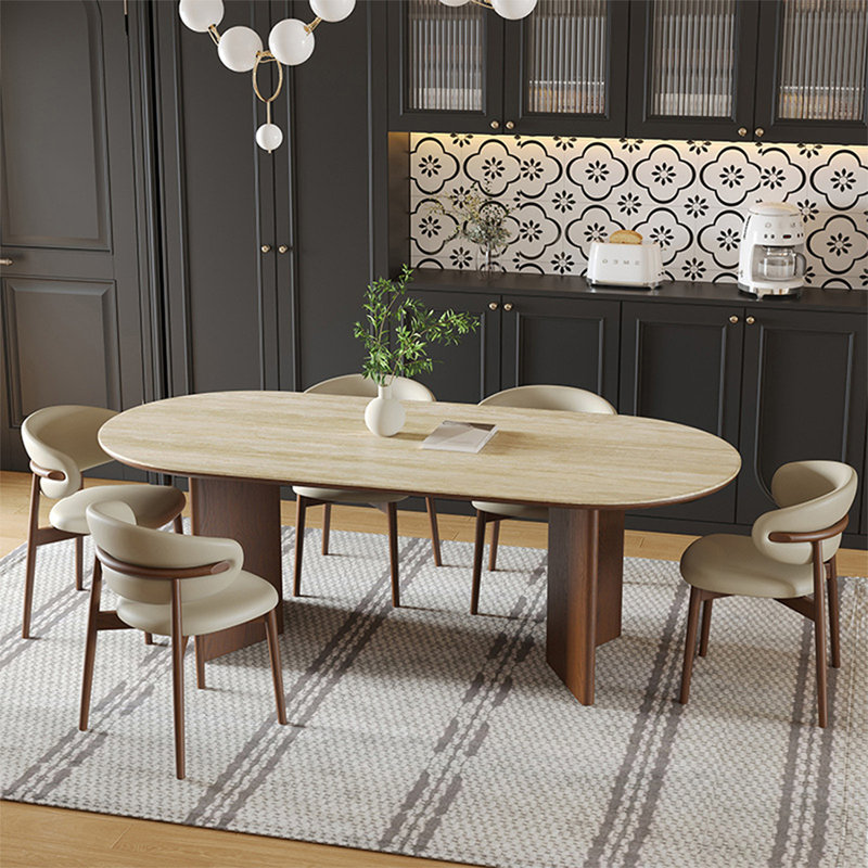 Ensemble de table de salle à manger pour 4 personnes beige et brun en pierre frittée ovale et en bois massif