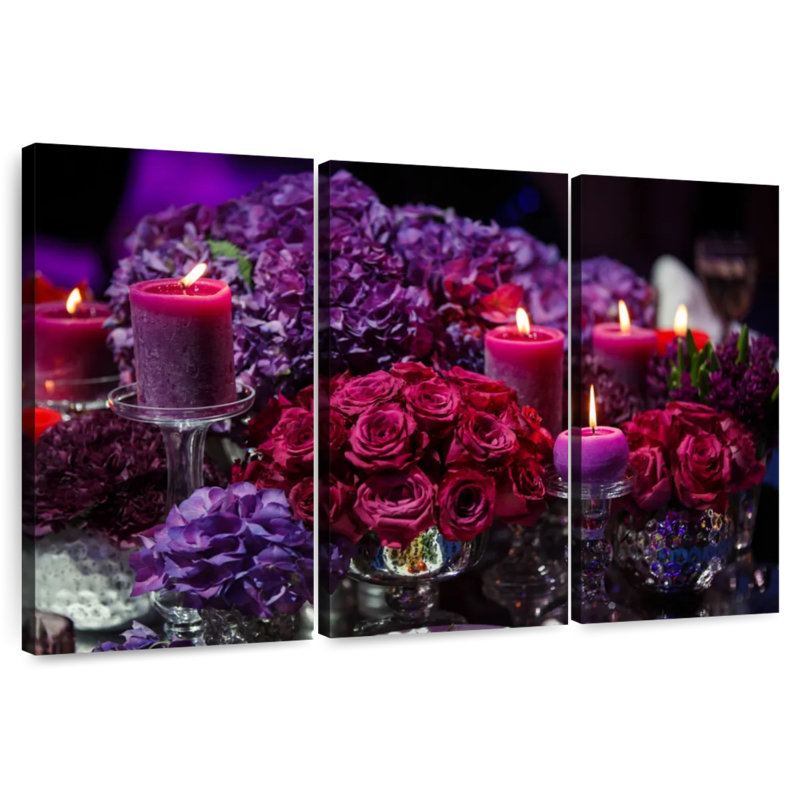 Harnek roses et bougies mauves, H 32 po x l 50 po