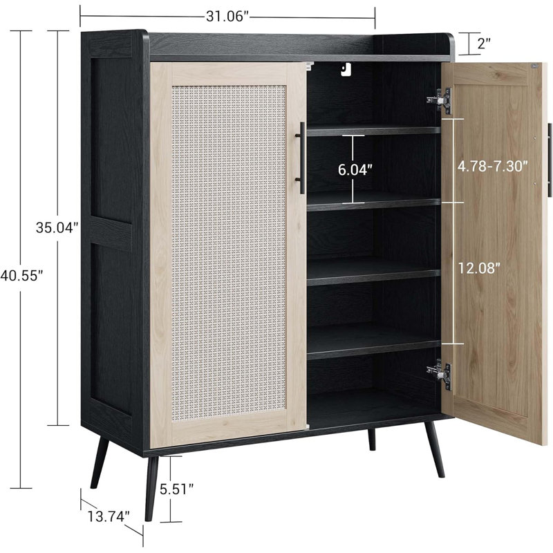 6-Tier Rattan Shoe Cabinet with Doors, Black/Natural Wood