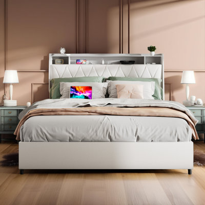 Base de lit plateforme avec tête de lit, ports de charge, tablette de rangement