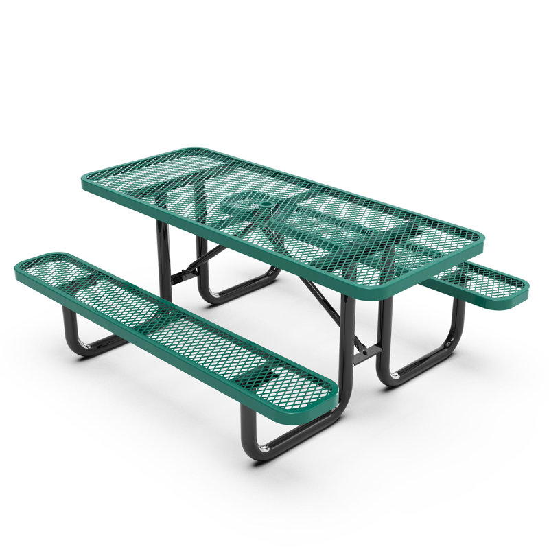 Kristy Commercial Grade Expanded Mesh Metal Outdoor Picnic Table with Anchors, Green, 29.5" H x 72.25" W x 61.75" D