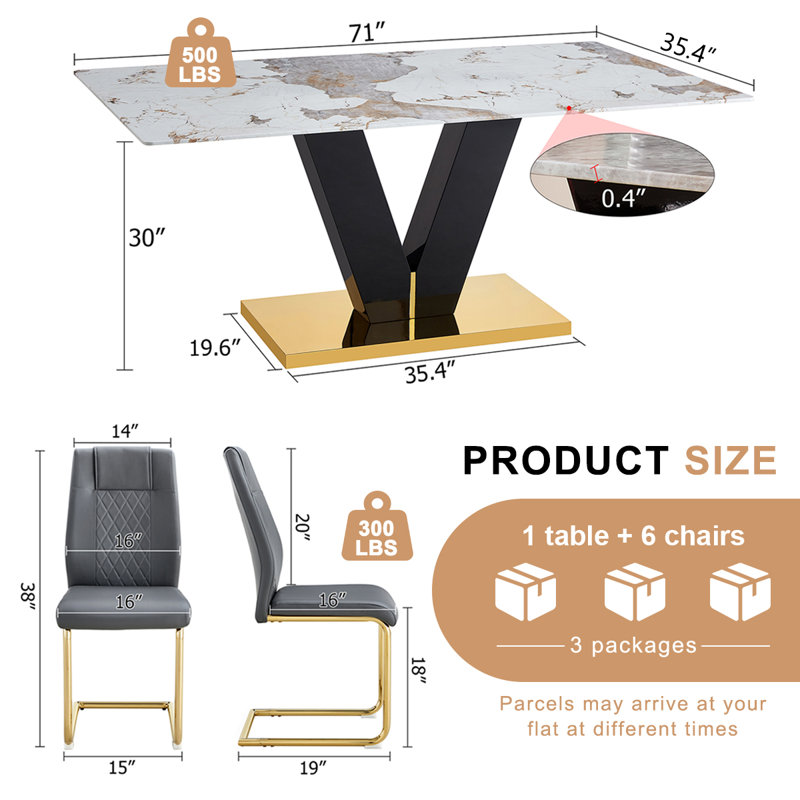 71'' Dining Table Set,Gold Dining Room Table Set With V-Shaped Black Glossy Pillars, 7 Pieces: Table, 6 Chairs, Gray