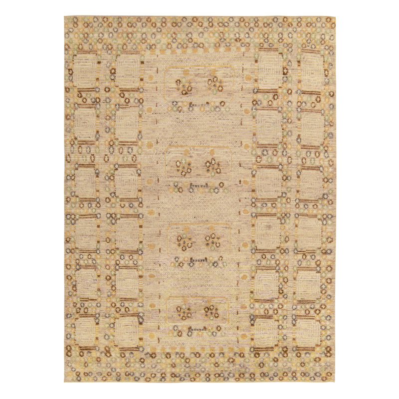 Scandinavian Rug In Beige-Brown, Gold Geometric Pattern By Rug & Kilim, Rectangle 5' x 7'