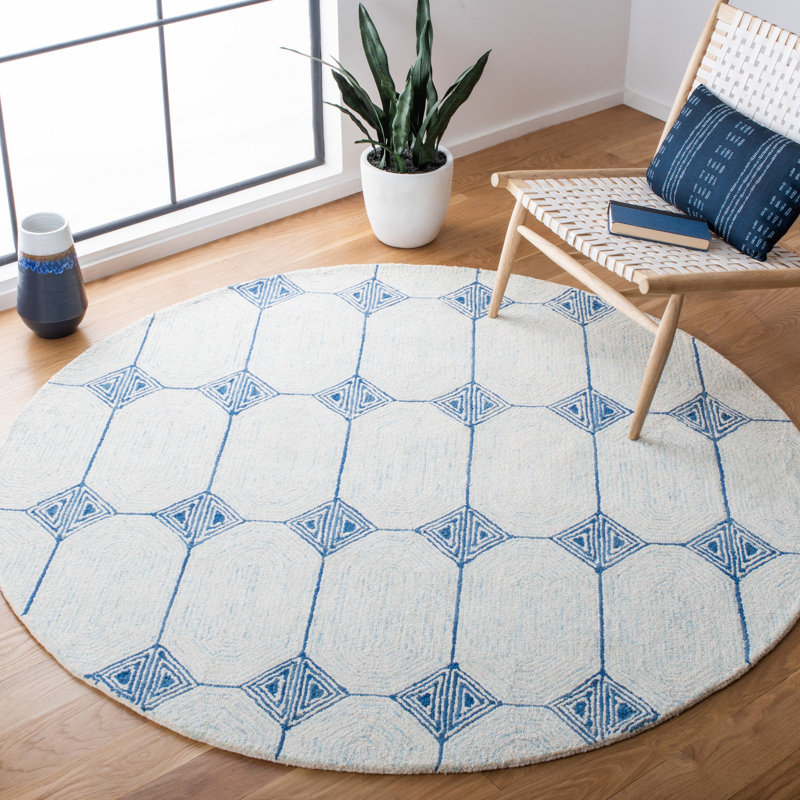 Kolb Hand Tufted Wool/Cotton Geometric Rug in Ivory/Blue, Round 6'