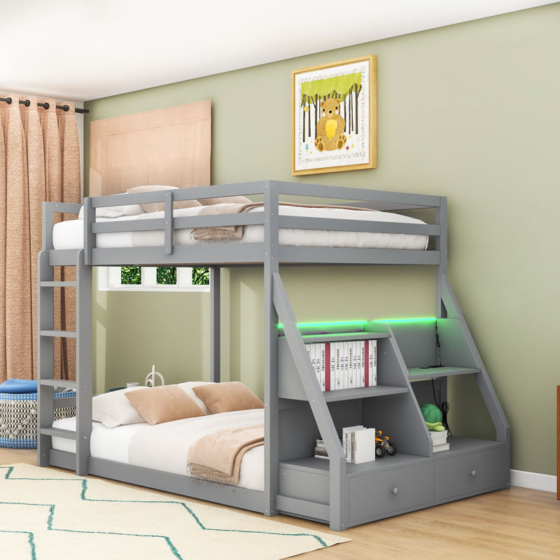 Lit superposé double avec 2 tiroirs en bois avec tablettes, Gris
