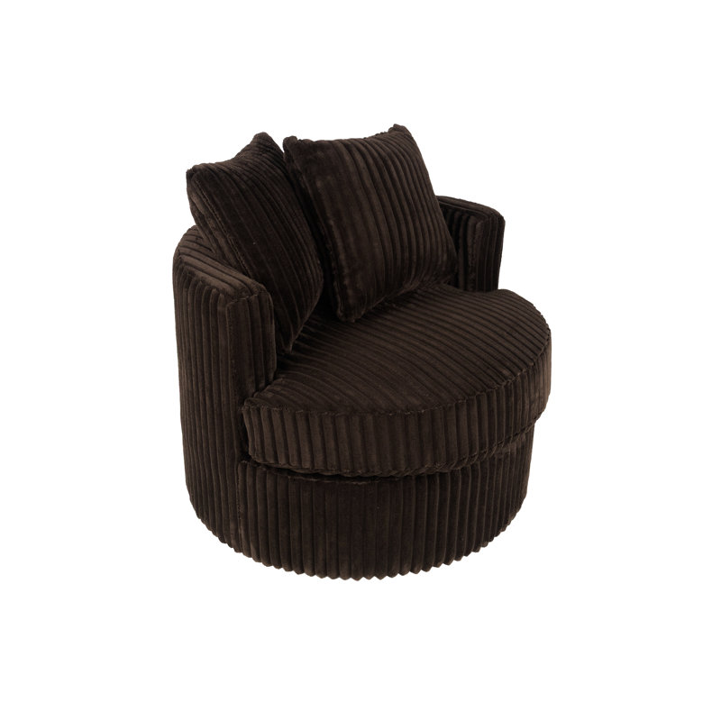 Fauteuil pivotant confortable de couleur chocolat, revêtement en velours côtelé semblable à de la fourrure, contreplaqué et base arrondie pour un mécanisme d'angle confortable