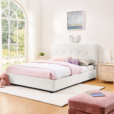 Grand lit avec tête de lit rembourrée Boucle, fonction à DEL, 4 tiroirs coulissants et une zone de sommeil confortable avec éclairage surdimensionné pour oreilles de lapin